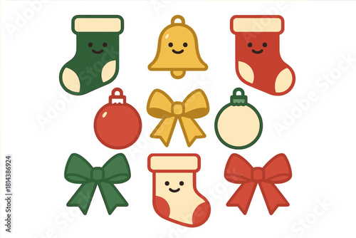 Cute Christmas holiday icons featuring smiling stockings, bell, ornaments, and decorative bows