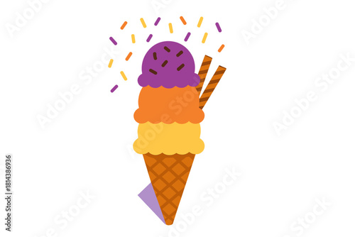 Three scoops of colorful ice cream in a waffle cone topped with sprinkles and wafer sticks