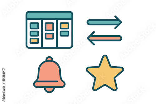 Essential user interface elements: schedule board, synchronization arrows, notification bell, and star symbol
