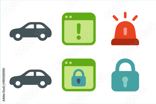Flat design symbols for vehicle security, protection, warning, and alarm system