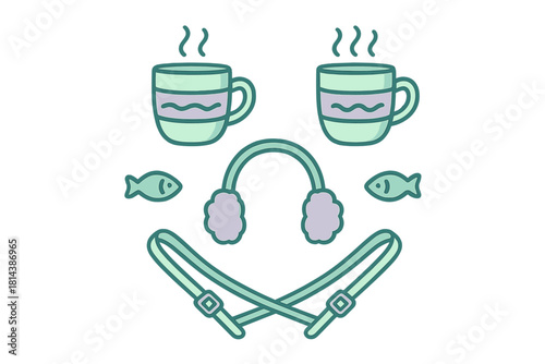 Cozy winter fishing symbols including steaming mugs, warm earmuffs, fish, and crossed straps