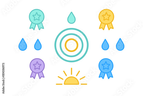 Collection of colorful flat design symbols including star awards, water drops, and target