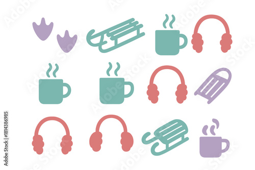 Set of cold weather icons including sleds, earmuffs, steaming mugs, and animal tracks
