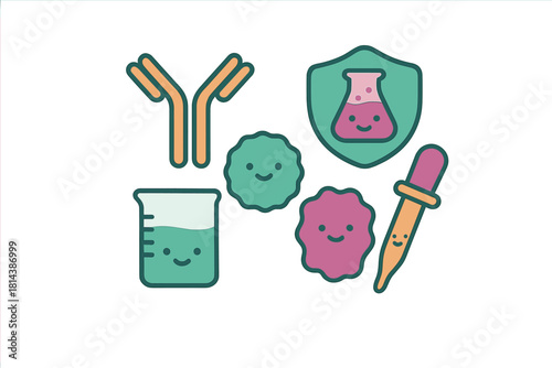 Cute scientific symbols showing antibody structure, immune cells, lab glassware, and pipette