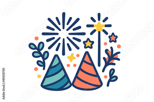 Colorful festive celebration with party hats, bursting fireworks, and decorative elements