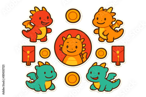 Adorable cartoon baby dragons and traditional Chinese New Year elements sticker set