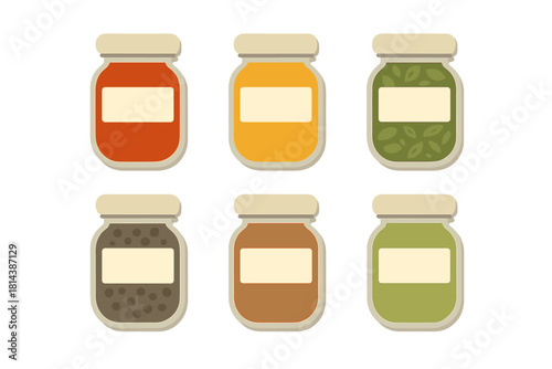 Six glass jars with blank labels filled with colorful food preserves and ingredients