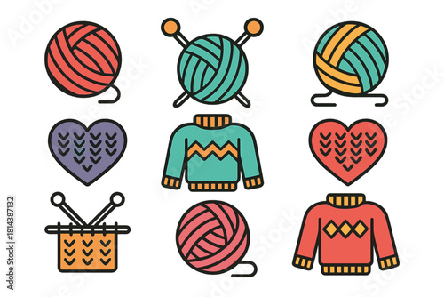 Colorful icons set of knitting hobby supplies including yarn, needles, sweaters, and handmade hearts