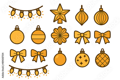 Festive yellow holiday decorations set with Christmas tree ornaments, bows, and glowing string lights