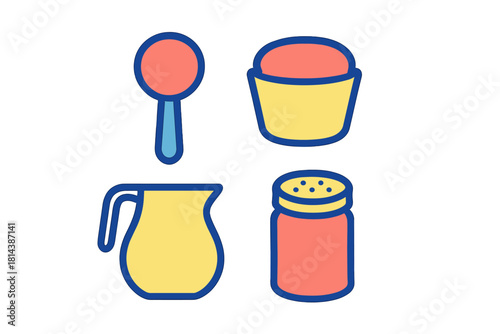 Set of essential baking ingredients and kitchen tools including measuring spoon, cup, pitcher, and shaker