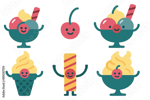 Cute smiling ice cream sundaes soft serve cones and dessert characters