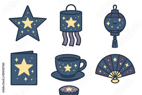 Magical celestial objects set featuring stars on a lantern, hand fan, and teacup