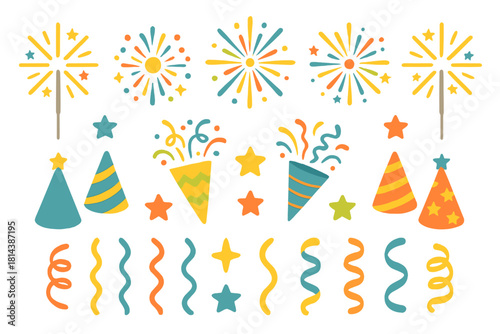Brightly colored celebration elements including fireworks, party hats, confetti cannons, and streamers