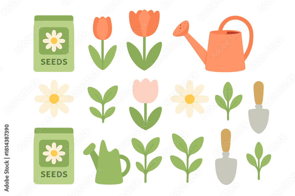 Naklejka premium Colorful spring gardening elements set including flowers, leaves, tools, and seed bags