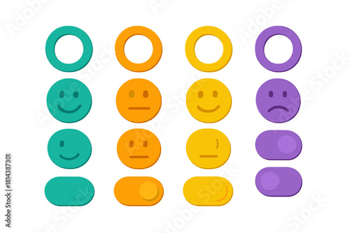 Colorful set of user interface elements including toggle switches, rating rings, and mood emoticons