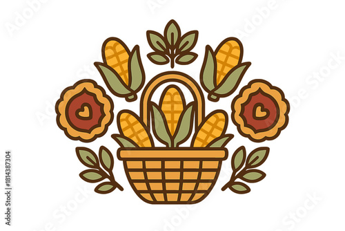 Folk art harvest composition featuring a basket overflowing with corn cobs and decorative flowers