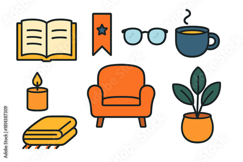 Cozy home reading and relaxation objects with armchair, open book, hot coffee, eyeglasses, candle, blanket, and houseplant