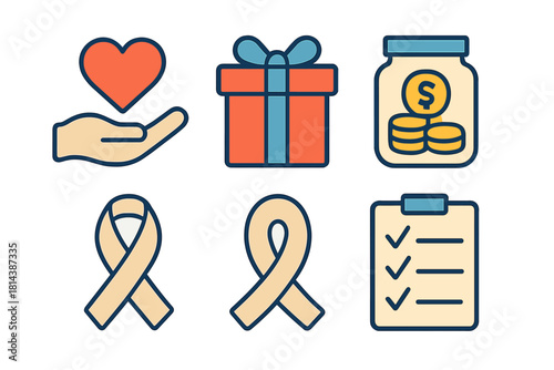 Charity, donation, and awareness concepts featuring heart, gift box, money jar, ribbon, and checklist