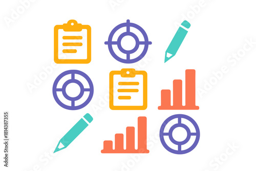 Set of business data analysis symbols including bar charts, clipboards, targets, and pencils