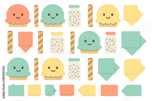 Adorable seamless pattern featuring pastel ice cream scoops, wafer cookies, sprinkles, and geometric banners