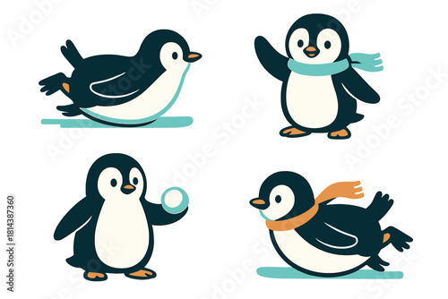 Cute cartoon penguins set in winter poses sliding waving and holding snowball