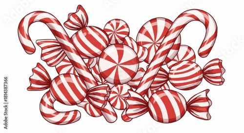 Illustration of a pile of red and white striped candy canes and wrapped hard candies together nicely