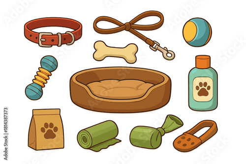 Essential supplies and accessories for pet dogs including a collar, leash, bed, toys, and grooming products