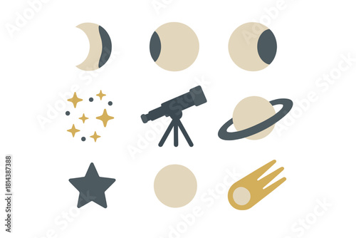 Minimalist cosmic symbols featuring moon phases, planets, stars, and telescope
