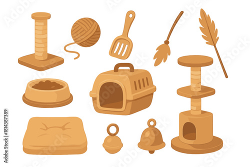 Set of essential domestic cat care items and accessories including furniture, toys, and feeding supplies