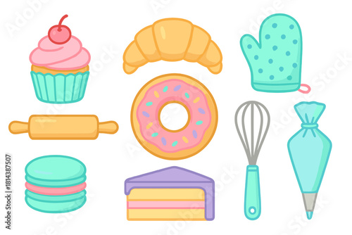 Colorful baking ingredients, kitchen tools, and sweet pastry desserts collection