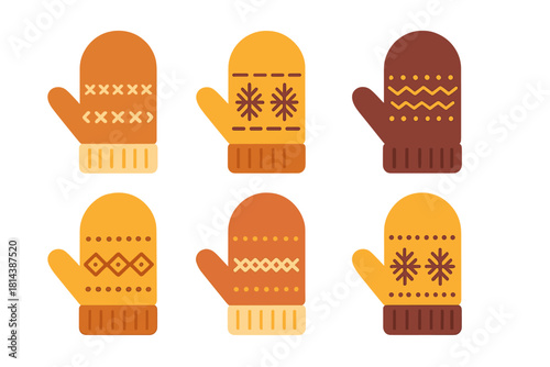 Collection of six warm knitted mittens with various colors and patterns for winter