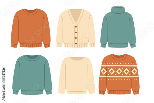Collection of cozy winter sweaters, turtlenecks, and cardigans in warm autumn colors and earthy tones