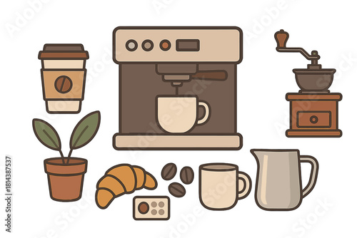 Modern coffee shop essentials set featuring espresso machine grinder and breakfast items