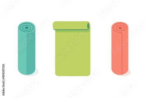 Set of three brightly colored rolled and unrolled fitness mats for yoga and physical exercise