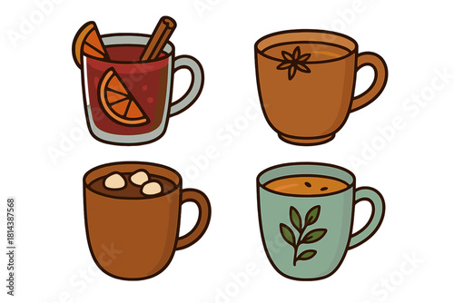 Cozy hot drinks assortment for autumn and winter featuring cocoa, mulled wine, and spiced tea