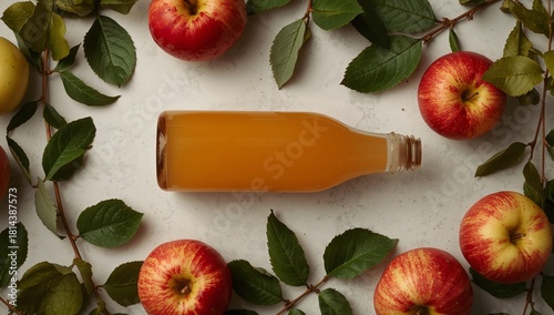 Fresh Apple Juice in a Glass Bottle Surrounded by Red Apples and Green Leaves