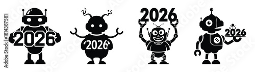 silly robot holding 2026 silhouette funny vector illustration