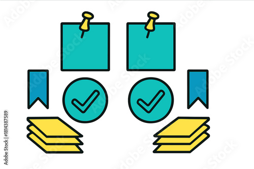 Essential office and productivity icons set featuring sticky notes, thumbtacks, checkmarks, and bookmarks