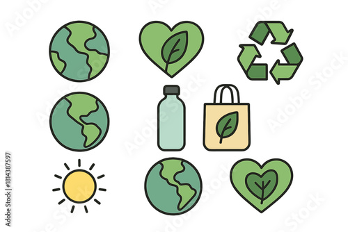 Simple outline symbols representing ecology, sustainability, and environmental protection concepts
