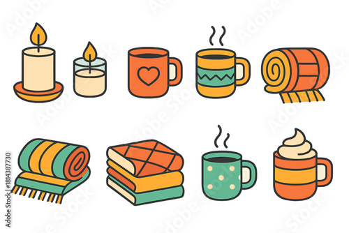 Cozy home elements set featuring candles, mugs, blankets, and hot beverages