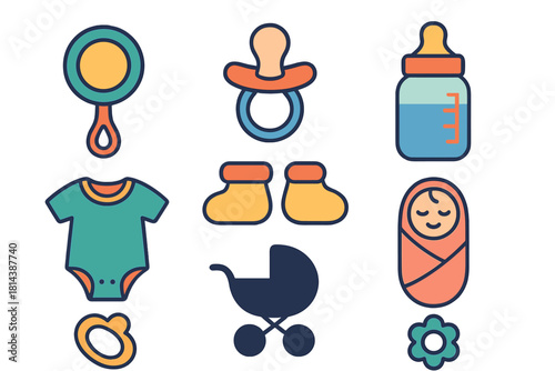 Collection of essential newborn baby items including clothing, feeding, and toys