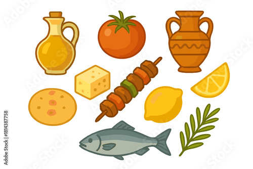 Mediterranean and Greek cuisine ingredients and traditional objects collection