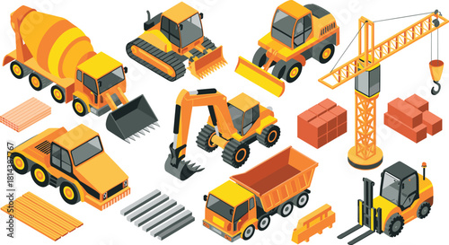 Isometric construction vehicles and equipment set with excavator forklift dump truck crane bulldozer cement mixer and building materials illustration