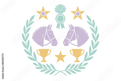 Stylized equestrian emblem with two horse profiles laurel wreath and championship awards