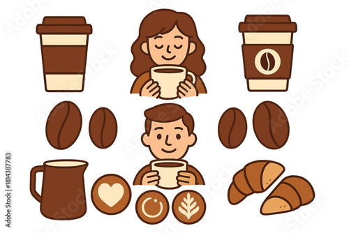 Set of coffee shop elements with people drinking hot beverages, beans, cups, and pastries