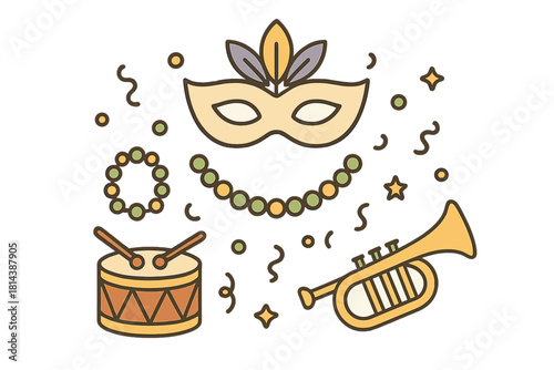 Mardi Gras carnival elements set with masquerade mask, colorful beads, drum, and trumpet