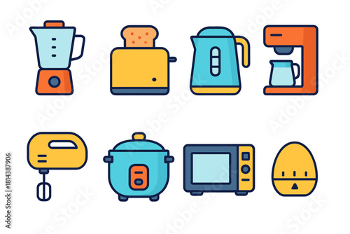 Assortment of essential electric kitchen gadgets and cooking devices in a vibrant color palette