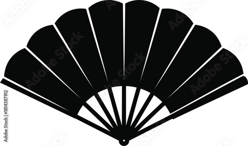Black Silhouette of an Open Folding Fan on a White Background hand fan accessory