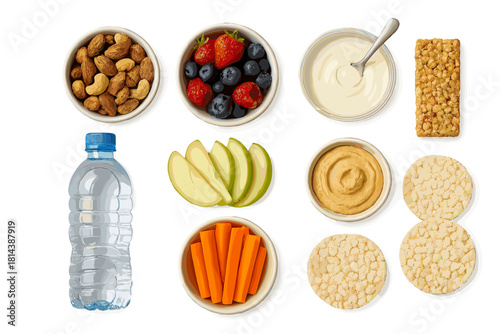 Selection of healthy snacks including nuts, fresh berries, yogurt, vegetables, and water bottle arranged on white background