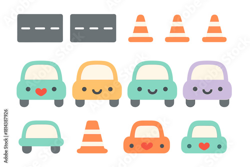 Collection of cute pastel colored vehicles, road segments, and traffic safety cones